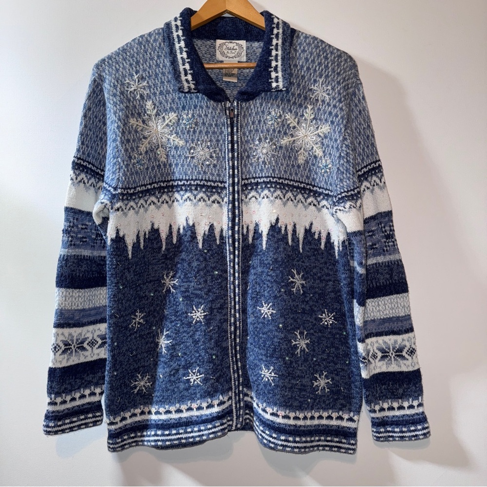 Vintage Fair Isle Full Zip Cardigan Sweater Snowflake Beaded Blue Ramie Medium